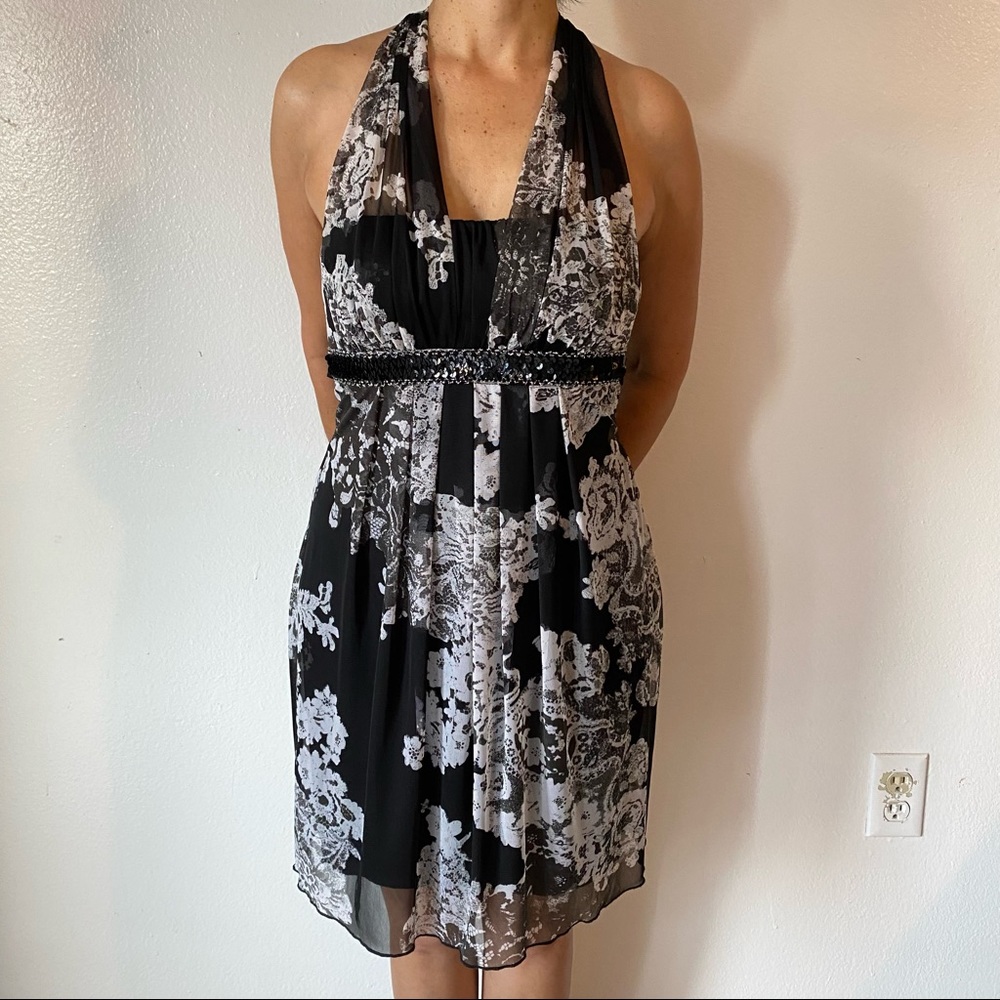 Black and white floral halter neck dress